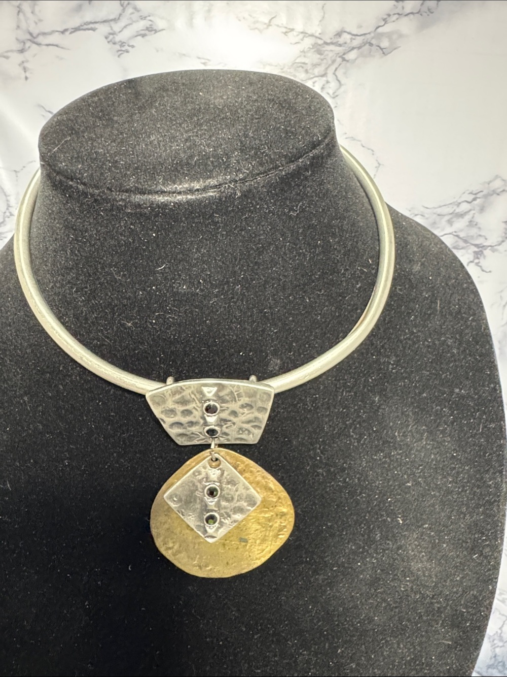 Source Unknown Two-Tone Hammered Pendant Collar Necklace - Gold & Silver Tone